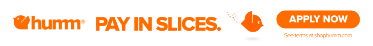 Orange 'humm' logo with text 'PAY IN SLICES.' and an 'APPLY NOW' button.