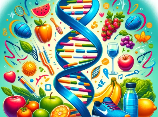 A vibrant DNA double helix intertwined with health-related icons including fruits, vegetables, a water bottle, running shoe, and musical notes.