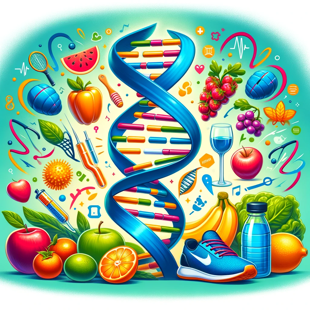 A vibrant DNA double helix intertwined with health-related icons including fruits, vegetables, a water bottle, running shoe, and musical notes.