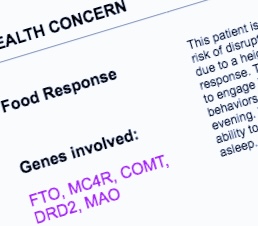 Excerpt from genomic test results highlighting genes related to food response.