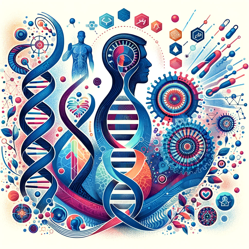 Illustration of DNA strands and human silhouettes symbolizing personalized healthcare and genetic uniqueness.